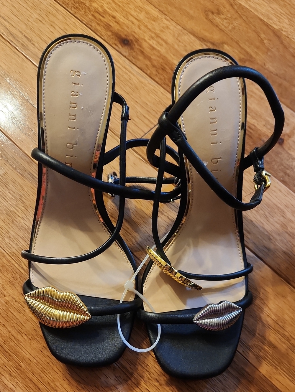 Gianni Bini Black Strappy Sandals with Gold & Silver Lip Accents Size 9